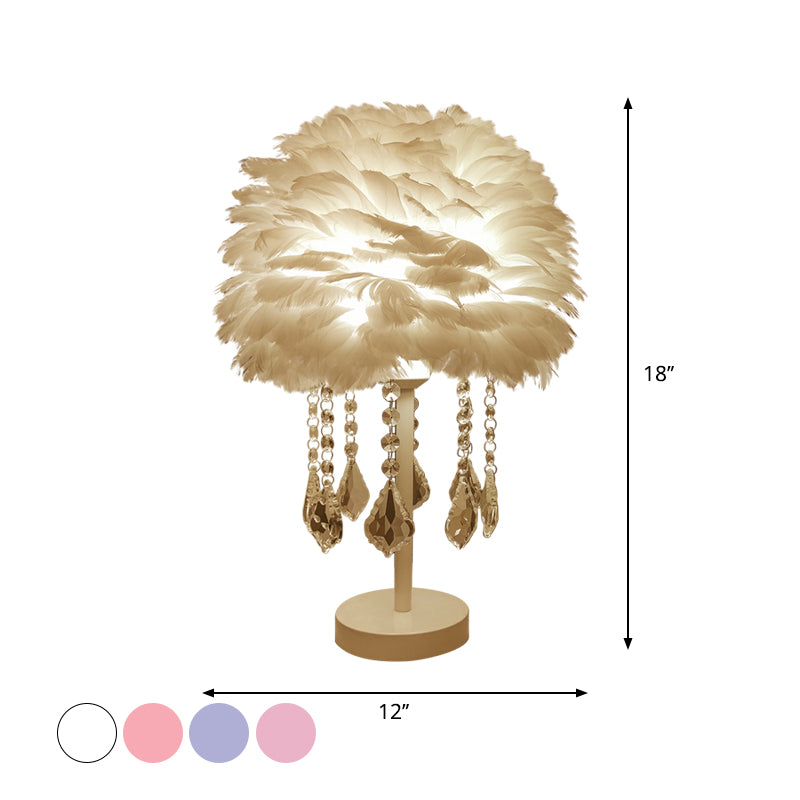 Hemisphere Feather Table Lamp Modern Single-Bulb Grey/White/Pink Night Light with Crystal Ball/Drop Clearhalo 'Lamps' 'Table Lamps' Lighting' 1985086