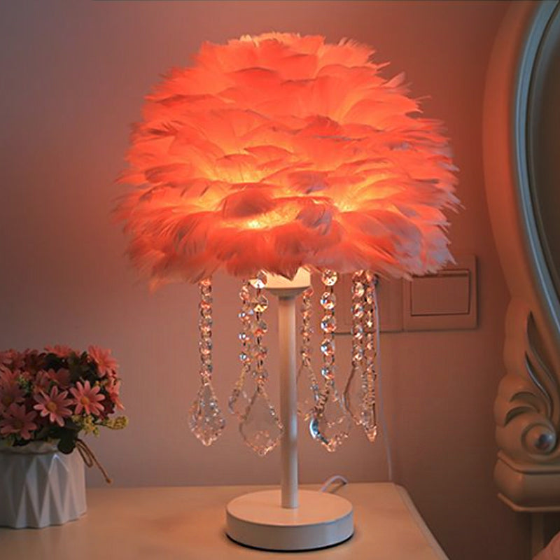 Hemisphere Feather Table Lamp Modern Single-Bulb Grey/White/Pink Night Light with Crystal Ball/Drop Clearhalo 'Lamps' 'Table Lamps' Lighting' 1985088