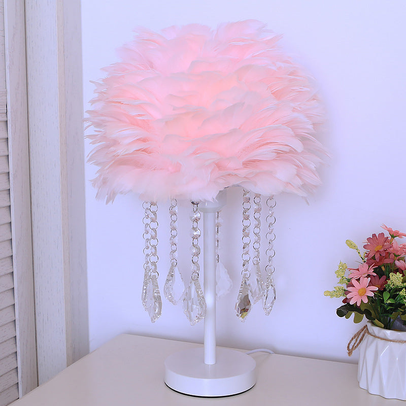 Hemisphere Feather Table Lamp Modern Single-Bulb Grey/White/Pink Night Light with Crystal Ball/Drop Pink A Clearhalo 'Lamps' 'Table Lamps' Lighting' 1985090