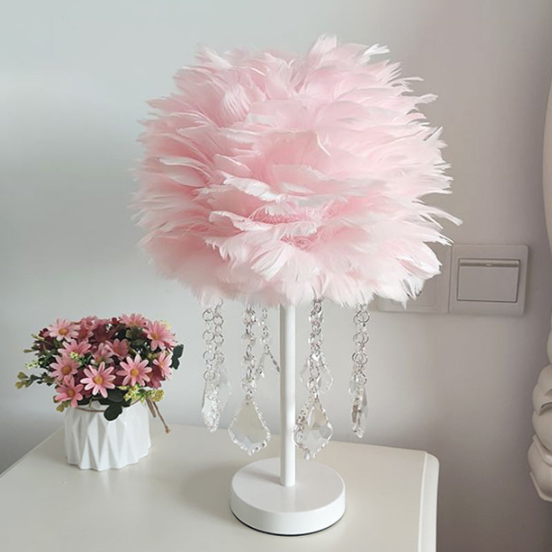 Hemisphere Feather Table Lamp Modern Single-Bulb Grey/White/Pink Night Light with Crystal Ball/Drop Clearhalo 'Lamps' 'Table Lamps' Lighting' 1985091