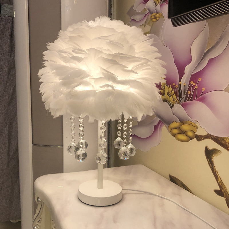 Hemisphere Feather Table Lamp Modern Single-Bulb Grey/White/Pink Night Light with Crystal Ball/Drop White B Clearhalo 'Lamps' 'Table Lamps' Lighting' 1985092