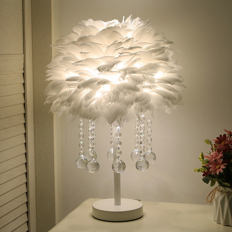 Hemisphere Feather Table Lamp Modern Single-Bulb Grey/White/Pink Night Light with Crystal Ball/Drop Clearhalo 'Lamps' 'Table Lamps' Lighting' 1985093
