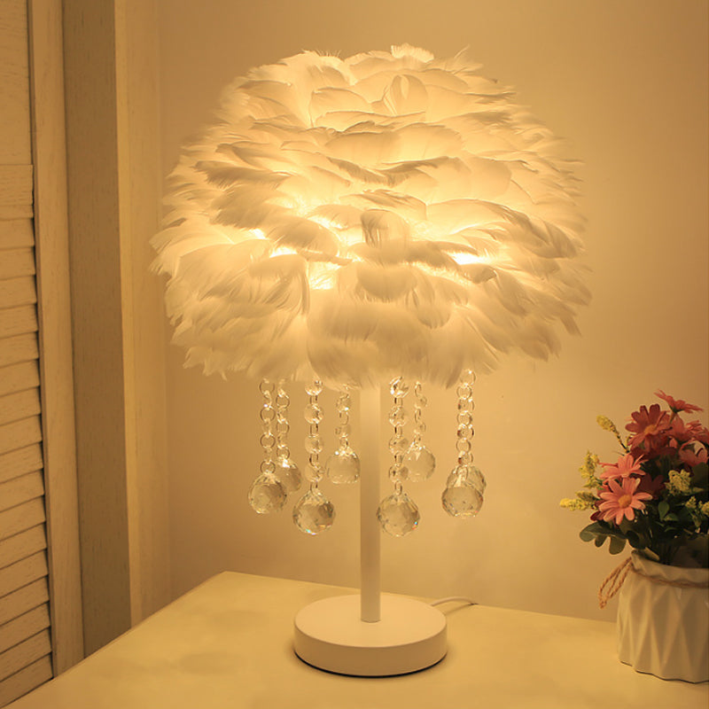 Hemisphere Feather Table Lamp Modern Single-Bulb Grey/White/Pink Night Light with Crystal Ball/Drop Clearhalo 'Lamps' 'Table Lamps' Lighting' 1985094