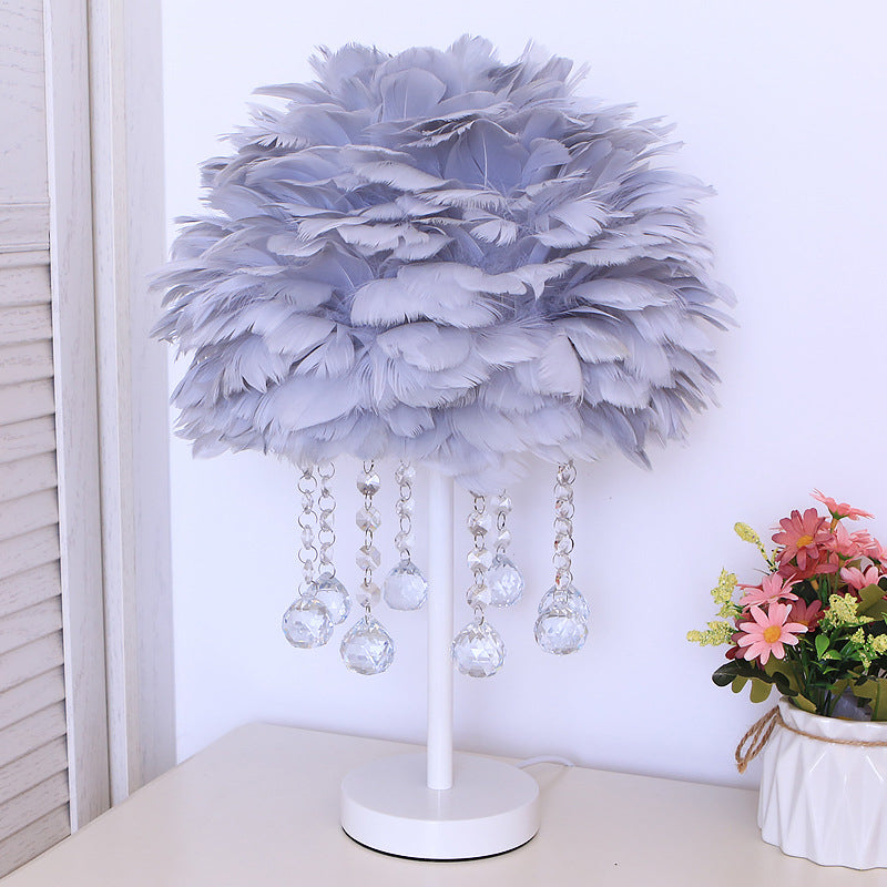 Hemisphere Feather Table Lamp Modern Single-Bulb Grey/White/Pink Night Light with Crystal Ball/Drop Grey B Clearhalo 'Lamps' 'Table Lamps' Lighting' 1985098