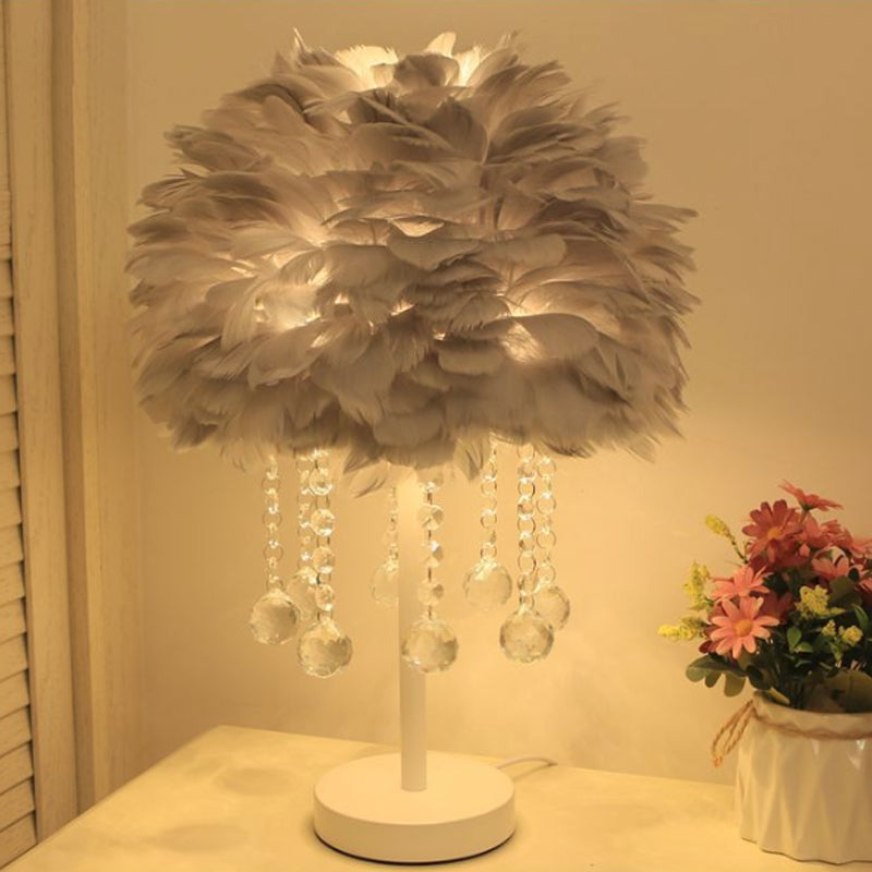 Hemisphere Feather Table Lamp Modern Single-Bulb Grey/White/Pink Night Light with Crystal Ball/Drop Clearhalo 'Lamps' 'Table Lamps' Lighting' 1985099