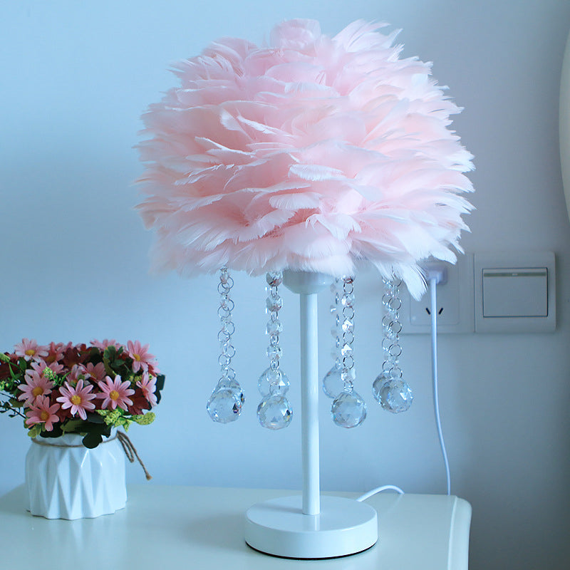 Hemisphere Feather Table Lamp Modern Single-Bulb Grey/White/Pink Night Light with Crystal Ball/Drop Pink B Clearhalo 'Lamps' 'Table Lamps' Lighting' 1985100