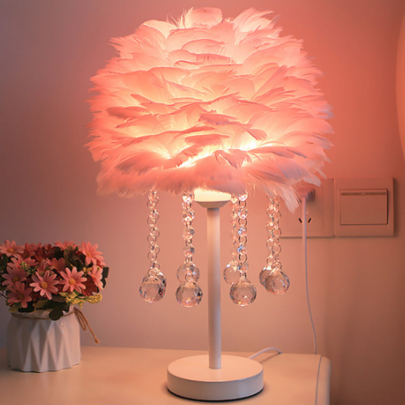 Hemisphere Feather Table Lamp Modern Single-Bulb Grey/White/Pink Night Light with Crystal Ball/Drop Clearhalo 'Lamps' 'Table Lamps' Lighting' 1985101