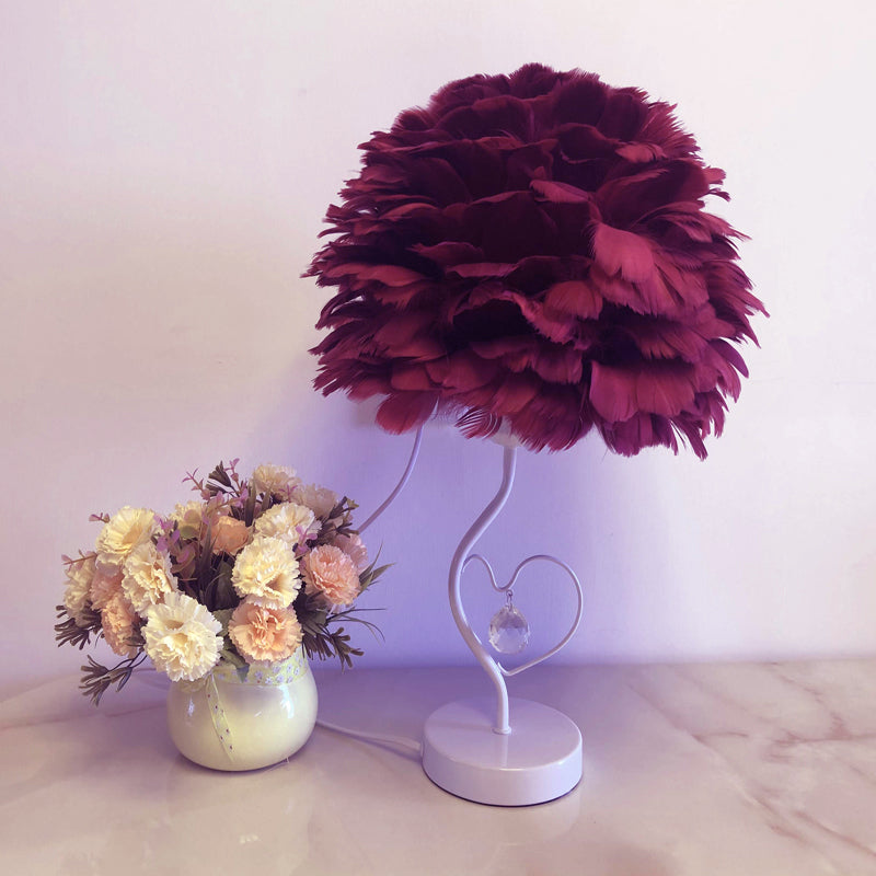 Apricot/Blue/Orange Dome Night Table Light Modern Style 1 Head Feather Nightstand Lamp with Heart Frame and Crystal Orb Burgundy Clearhalo 'Lamps' 'Table Lamps' Lighting' 1985102
