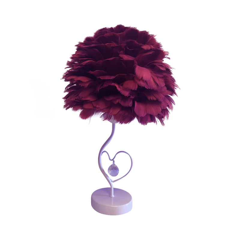 Apricot/Blue/Orange Dome Night Table Light Modern Style 1 Head Feather Nightstand Lamp with Heart Frame and Crystal Orb Clearhalo 'Lamps' 'Table Lamps' Lighting' 1985103