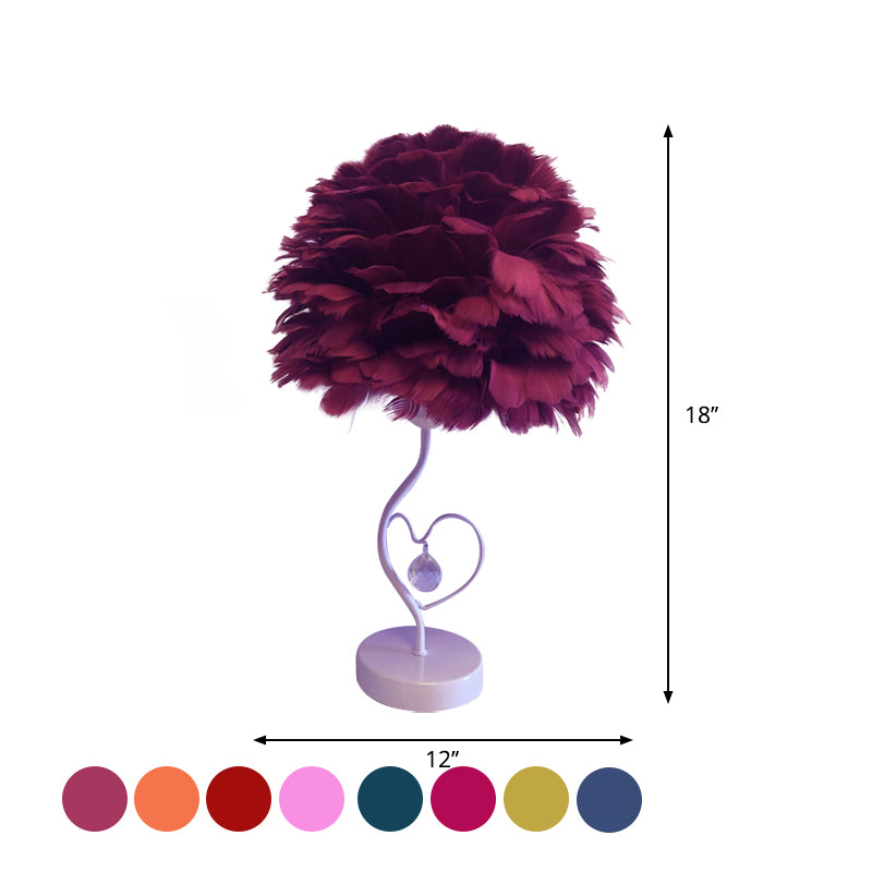 Apricot/Blue/Orange Dome Night Table Light Modern Style 1 Head Feather Nightstand Lamp with Heart Frame and Crystal Orb Clearhalo 'Lamps' 'Table Lamps' Lighting' 1985105