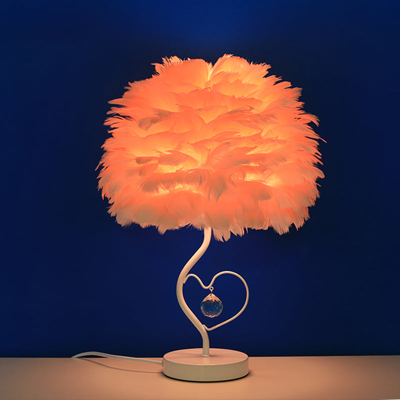 Apricot/Blue/Orange Dome Night Table Light Modern Style 1 Head Feather Nightstand Lamp with Heart Frame and Crystal Orb Apricot Clearhalo 'Lamps' 'Table Lamps' Lighting' 1985106