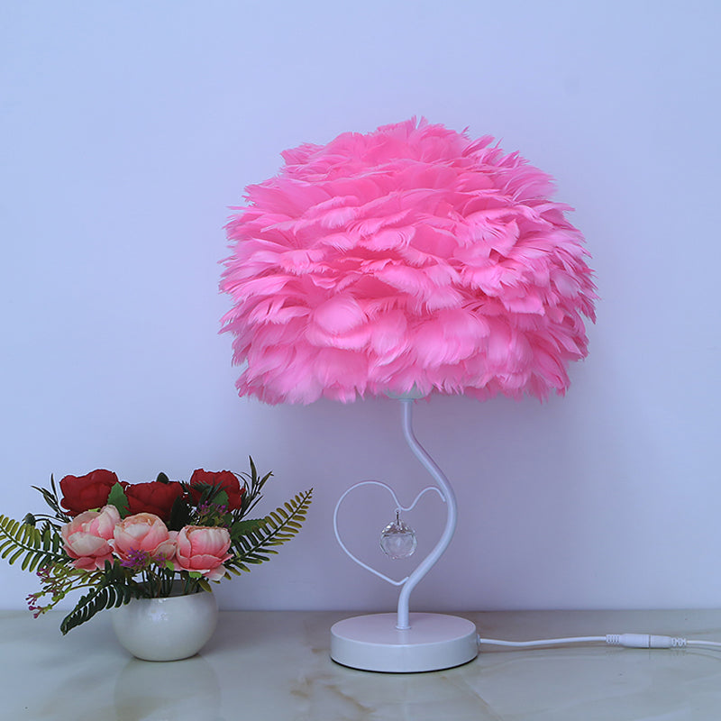 Apricot/Blue/Orange Dome Night Table Light Modern Style 1 Head Feather Nightstand Lamp with Heart Frame and Crystal Orb Pink Clearhalo 'Lamps' 'Table Lamps' Lighting' 1985110