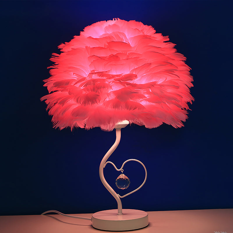 Apricot/Blue/Orange Dome Night Table Light Modern Style 1 Head Feather Nightstand Lamp with Heart Frame and Crystal Orb Clearhalo 'Lamps' 'Table Lamps' Lighting' 1985111