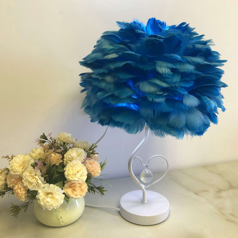 Apricot/Blue/Orange Dome Night Table Light Modern Style 1 Head Feather Nightstand Lamp with Heart Frame and Crystal Orb Blue Clearhalo 'Lamps' 'Table Lamps' Lighting' 1985113