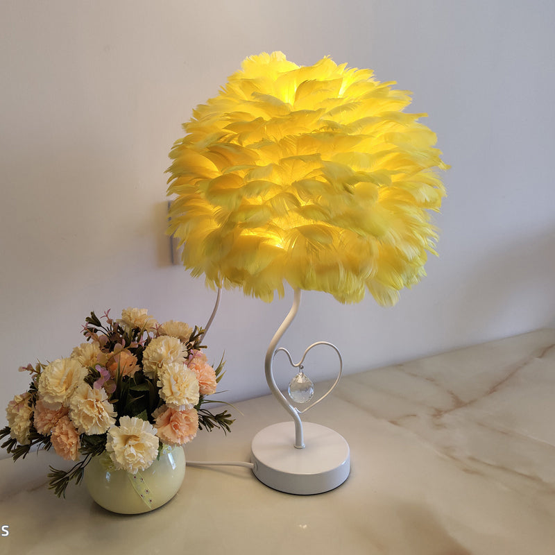 Apricot/Blue/Orange Dome Night Table Light Modern Style 1 Head Feather Nightstand Lamp with Heart Frame and Crystal Orb Yellow Clearhalo 'Lamps' 'Table Lamps' Lighting' 1985119