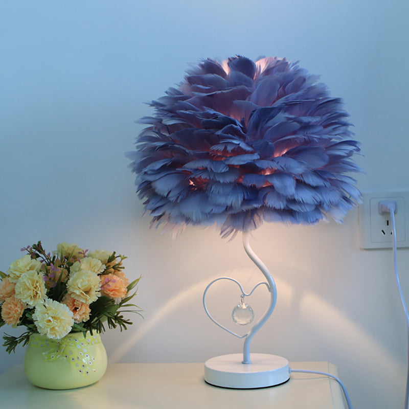 Apricot/Blue/Orange Dome Night Table Light Modern Style 1 Head Feather Nightstand Lamp with Heart Frame and Crystal Orb Grey Clearhalo 'Lamps' 'Table Lamps' Lighting' 1985120
