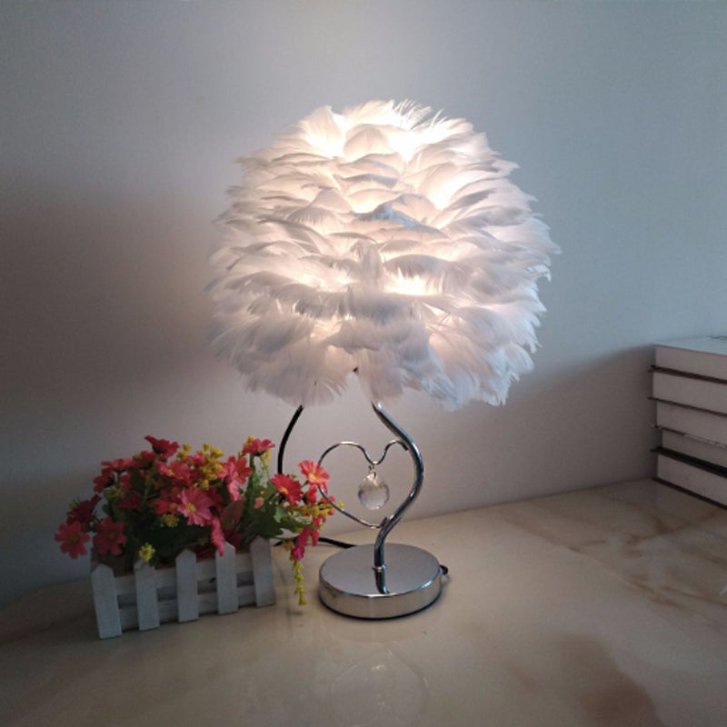 1-Light Bedroom Night Lamp Nordic Grey/Orange/Pink Table Light with Dome Feather Shade and Crystal Accent White Clearhalo 'Lamps' 'Table Lamps' Lighting' 1985121