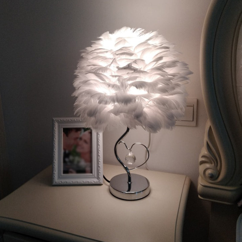 1-Light Bedroom Night Lamp Nordic Grey/Orange/Pink Table Light with Dome Feather Shade and Crystal Accent Clearhalo 'Lamps' 'Table Lamps' Lighting' 1985122