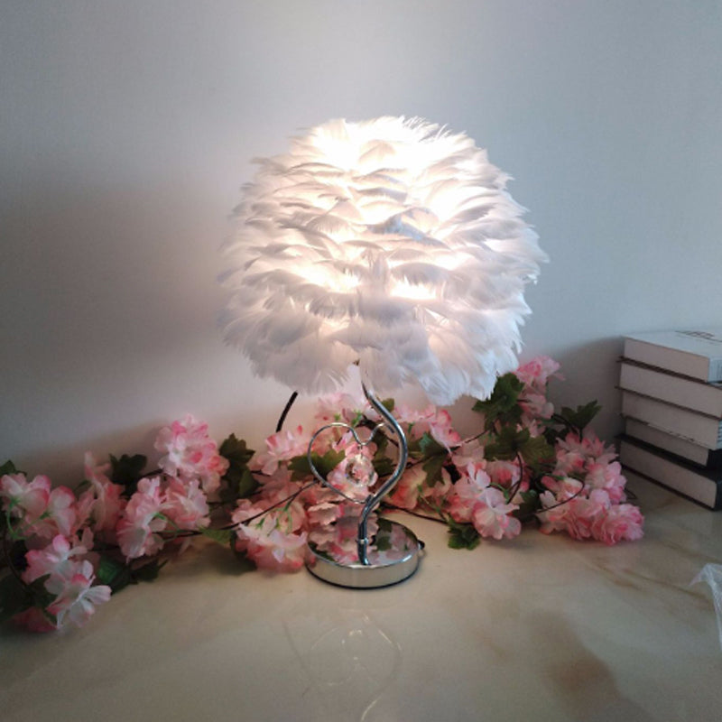 1-Light Bedroom Night Lamp Nordic Grey/Orange/Pink Table Light with Dome Feather Shade and Crystal Accent Clearhalo 'Lamps' 'Table Lamps' Lighting' 1985123