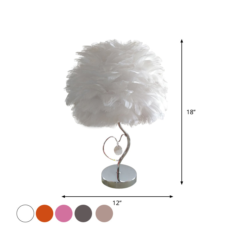 1-Light Bedroom Night Lamp Nordic Grey/Orange/Pink Table Light with Dome Feather Shade and Crystal Accent Clearhalo 'Lamps' 'Table Lamps' Lighting' 1985125