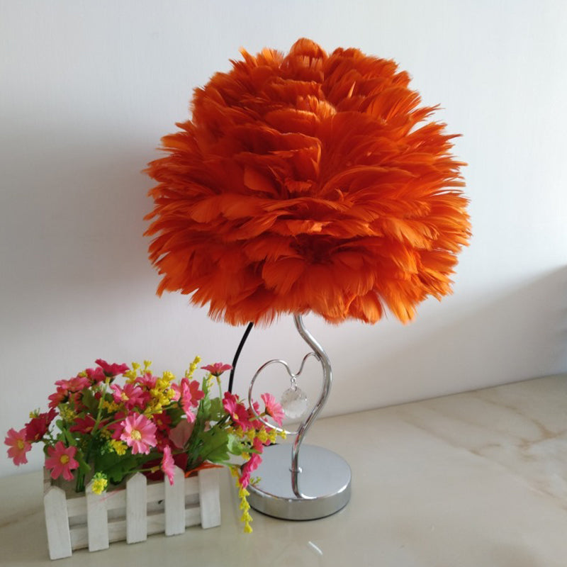 1-Light Bedroom Night Lamp Nordic Grey/Orange/Pink Table Light with Dome Feather Shade and Crystal Accent Orange Clearhalo 'Lamps' 'Table Lamps' Lighting' 1985126