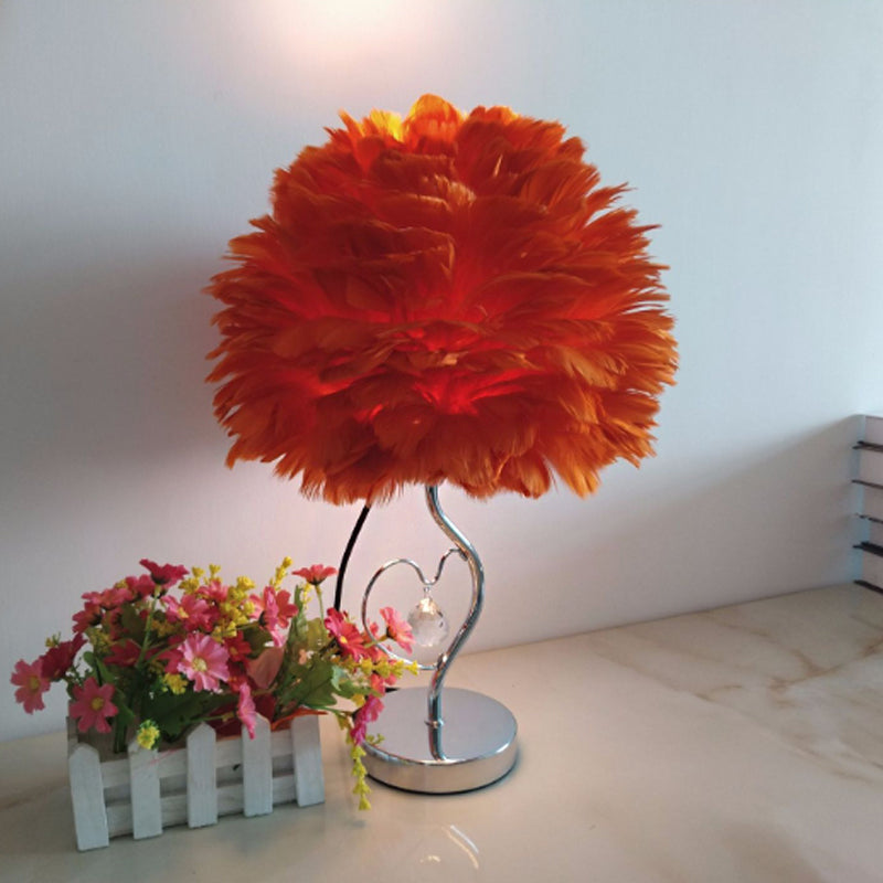 1-Light Bedroom Night Lamp Nordic Grey/Orange/Pink Table Light with Dome Feather Shade and Crystal Accent Clearhalo 'Lamps' 'Table Lamps' Lighting' 1985127