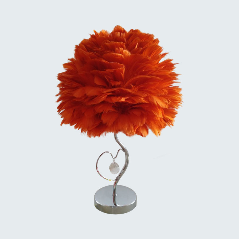 1-Light Bedroom Night Lamp Nordic Grey/Orange/Pink Table Light with Dome Feather Shade and Crystal Accent Clearhalo 'Lamps' 'Table Lamps' Lighting' 1985129