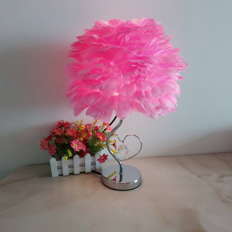 1-Light Bedroom Night Lamp Nordic Grey/Orange/Pink Table Light with Dome Feather Shade and Crystal Accent Pink Clearhalo 'Lamps' 'Table Lamps' Lighting' 1985130