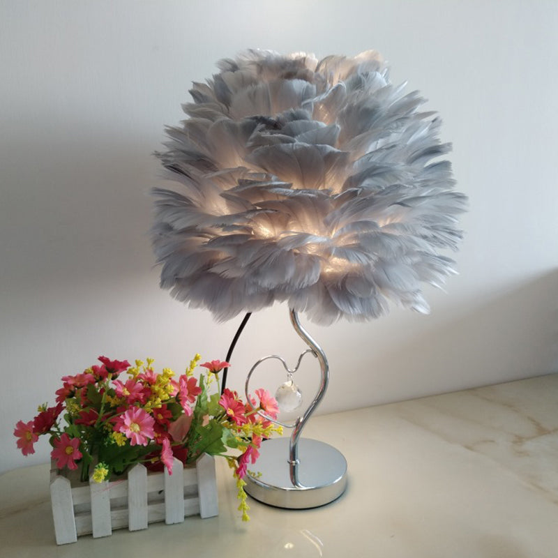 1-Light Bedroom Night Lamp Nordic Grey/Orange/Pink Table Light with Dome Feather Shade and Crystal Accent Grey Clearhalo 'Lamps' 'Table Lamps' Lighting' 1985131