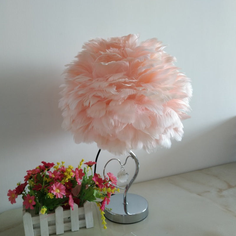 1-Light Bedroom Night Lamp Nordic Grey/Orange/Pink Table Light with Dome Feather Shade and Crystal Accent Apricot Clearhalo 'Lamps' 'Table Lamps' Lighting' 1985133