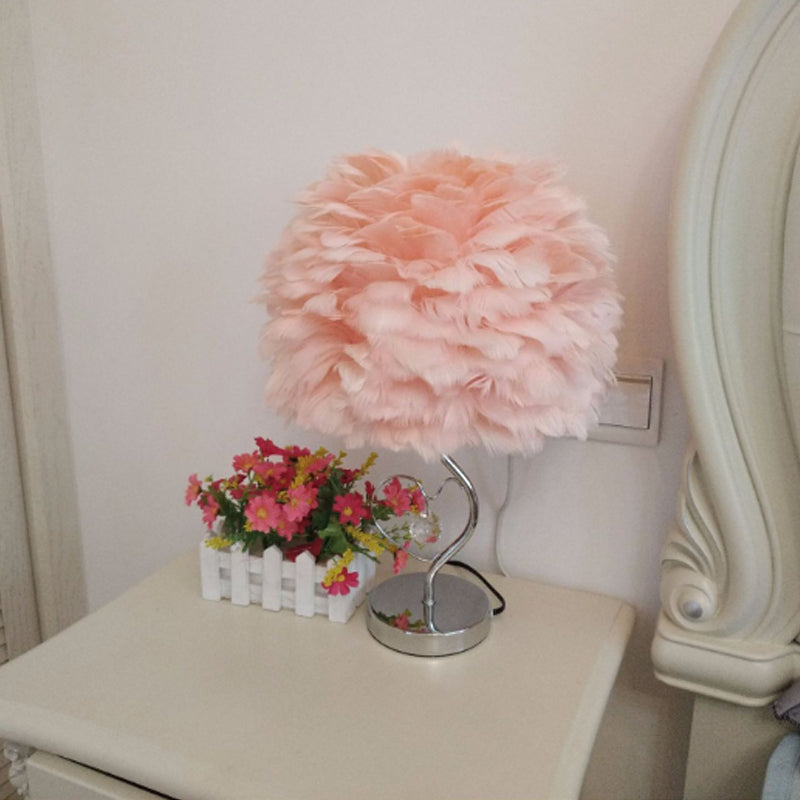 1-Light Bedroom Night Lamp Nordic Grey/Orange/Pink Table Light with Dome Feather Shade and Crystal Accent Clearhalo 'Lamps' 'Table Lamps' Lighting' 1985134