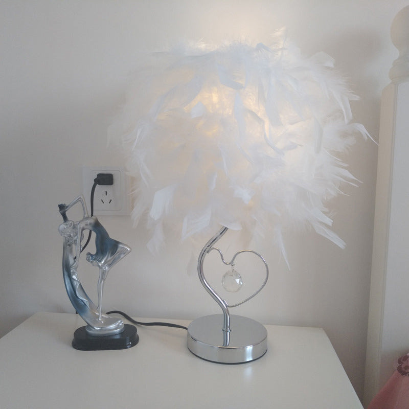 Nordic Loving Heart Night Light Feather 1 Bulb Bedroom Crystal Decorated Table Lamp in Red/Blue/White White Clearhalo 'Lamps' 'Table Lamps' Lighting' 1985135