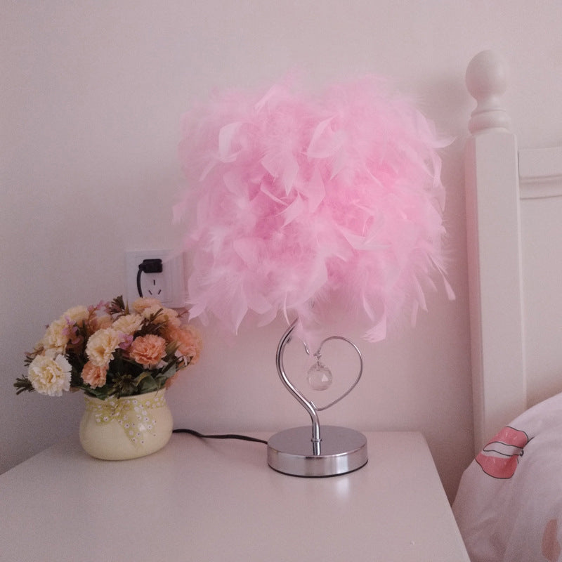Nordic Loving Heart Night Light Feather 1 Bulb Bedroom Crystal Decorated Table Lamp in Red/Blue/White Clearhalo 'Lamps' 'Table Lamps' Lighting' 1985140