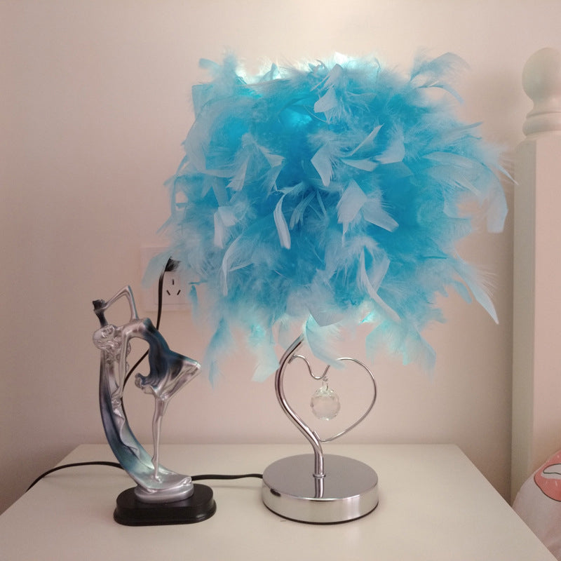 Nordic Loving Heart Night Light Feather 1 Bulb Bedroom Crystal Decorated Table Lamp in Red/Blue/White Clearhalo 'Lamps' 'Table Lamps' Lighting' 1985142