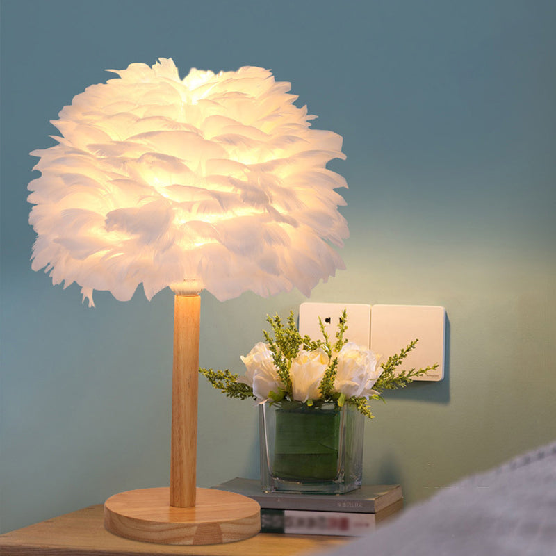 Dome Nightstand Light Nordic Feather Single Bedside Table Lamp in Pink/White/Grey with Wood Pole White Clearhalo 'Lamps' 'Table Lamps' Lighting' 1985145