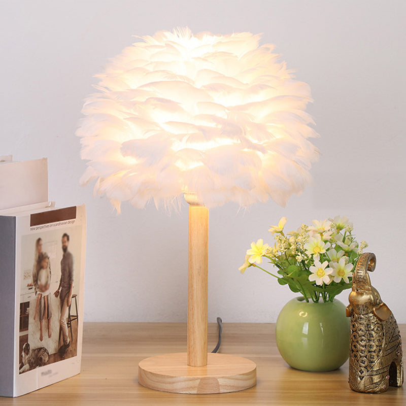 Dome Nightstand Light Nordic Feather Single Bedside Table Lamp in Pink/White/Grey with Wood Pole Clearhalo 'Lamps' 'Table Lamps' Lighting' 1985146