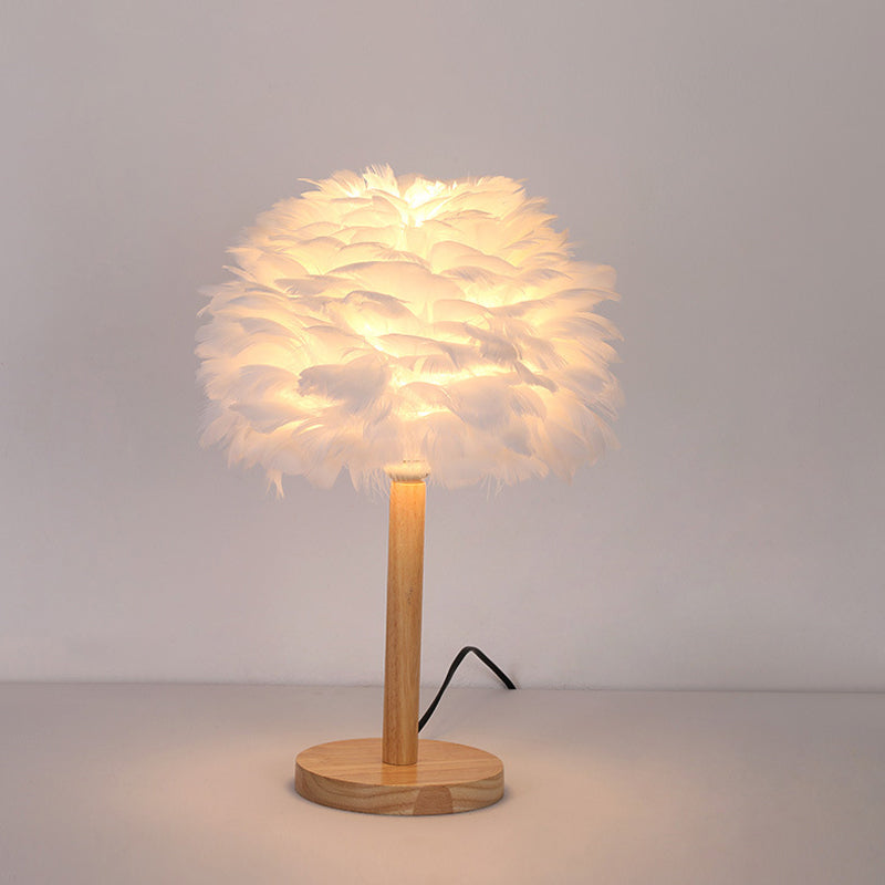Dome Nightstand Light Nordic Feather Single Bedside Table Lamp in Pink/White/Grey with Wood Pole Clearhalo 'Lamps' 'Table Lamps' Lighting' 1985147