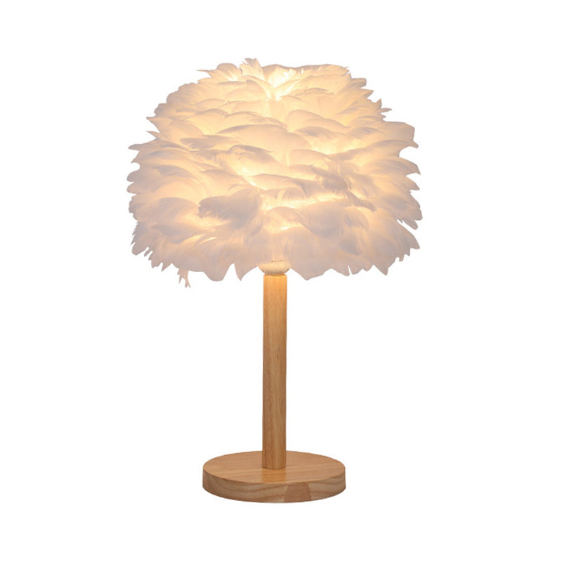 Dome Nightstand Light Nordic Feather Single Bedside Table Lamp in Pink/White/Grey with Wood Pole Clearhalo 'Lamps' 'Table Lamps' Lighting' 1985148