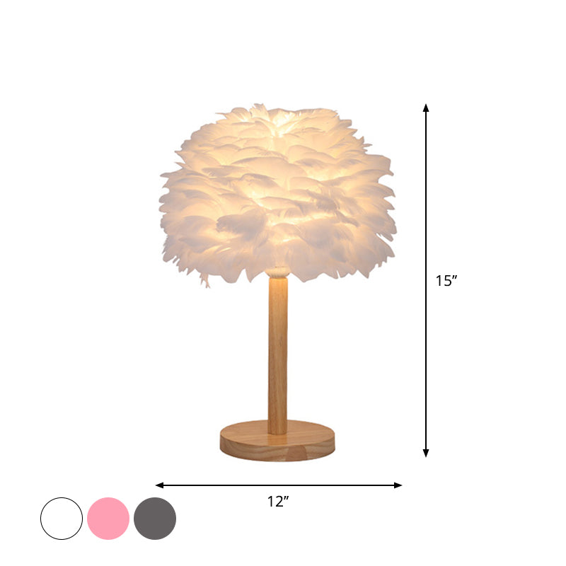 Dome Nightstand Light Nordic Feather Single Bedside Table Lamp in Pink/White/Grey with Wood Pole Clearhalo 'Lamps' 'Table Lamps' Lighting' 1985149