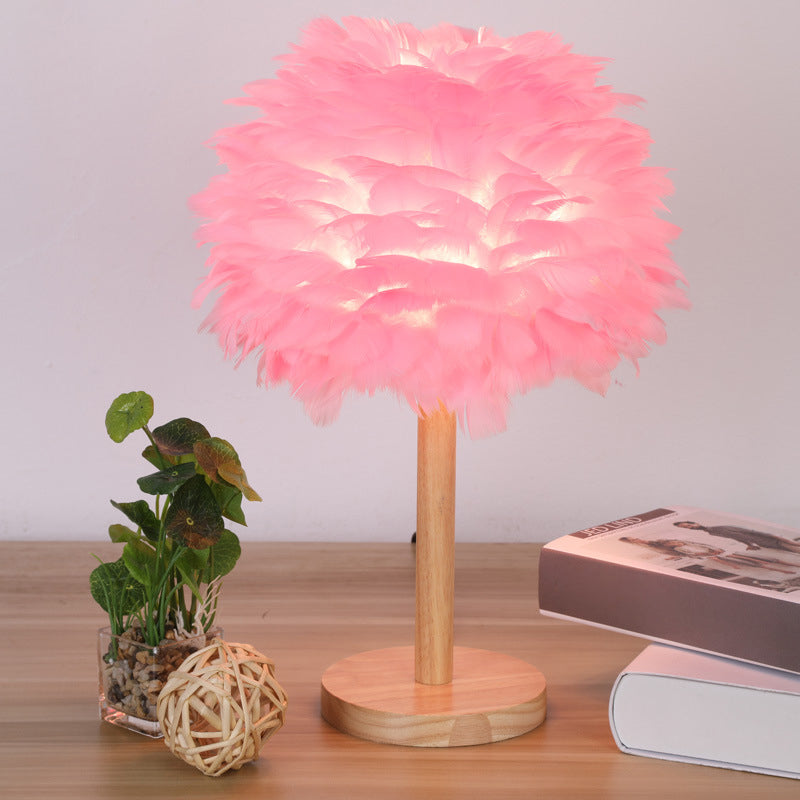 Dome Nightstand Light Nordic Feather Single Bedside Table Lamp in Pink/White/Grey with Wood Pole Pink Clearhalo 'Lamps' 'Table Lamps' Lighting' 1985150