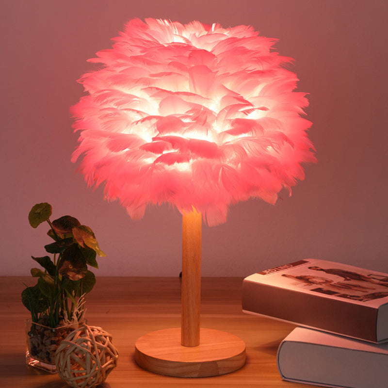 Dome Nightstand Light Nordic Feather Single Bedside Table Lamp in Pink/White/Grey with Wood Pole Clearhalo 'Lamps' 'Table Lamps' Lighting' 1985151