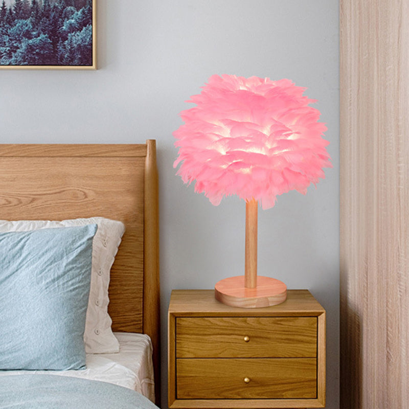 Dome Nightstand Light Nordic Feather Single Bedside Table Lamp in Pink/White/Grey with Wood Pole Clearhalo 'Lamps' 'Table Lamps' Lighting' 1985152
