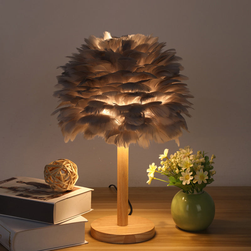 Dome Nightstand Light Nordic Feather Single Bedside Table Lamp in Pink/White/Grey with Wood Pole Clearhalo 'Lamps' 'Table Lamps' Lighting' 1985155