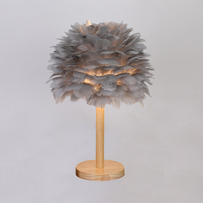 Dome Nightstand Light Nordic Feather Single Bedside Table Lamp in Pink/White/Grey with Wood Pole Clearhalo 'Lamps' 'Table Lamps' Lighting' 1985157