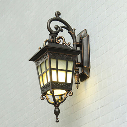 Vintage Lantern Sconce Light Single Frosted White Glass Outdoor Wall Mount with Scroll Arm in Black Black Clearhalo 'Wall Lamps & Sconces' 'Wall Lights' Lighting' 1985202