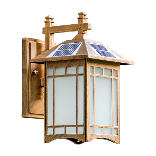 Solar Operated LED House Sconce Light Country Black/Brass Frosted Glass Wall Mounted Light Fixture Clearhalo 'Wall Lamps & Sconces' 'Wall Lights' Lighting' 1985219