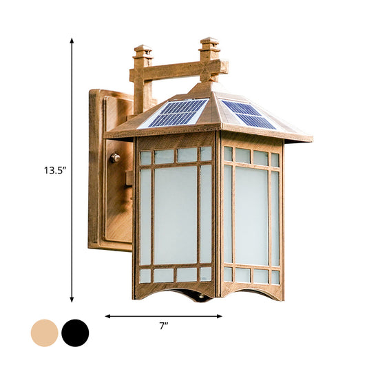 Solar Operated LED House Sconce Light Country Black/Brass Frosted Glass Wall Mounted Light Fixture Clearhalo 'Wall Lamps & Sconces' 'Wall Lights' Lighting' 1985220
