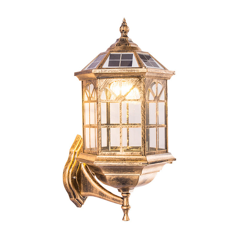 Clear Glass Black/Brass Solar Wall Lighting Faceted Traditional LED Lantern Wall Sconce for Outdoor Clearhalo 'Wall Lamps & Sconces' 'Wall Lights' Lighting' 1985241