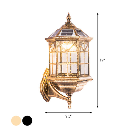 Clear Glass Black/Brass Solar Wall Lighting Faceted Traditional LED Lantern Wall Sconce for Outdoor Clearhalo 'Wall Lamps & Sconces' 'Wall Lights' Lighting' 1985242