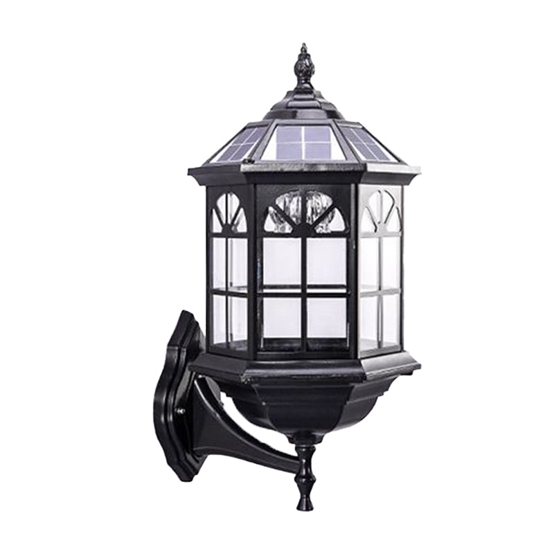 Clear Glass Black/Brass Solar Wall Lighting Faceted Traditional LED Lantern Wall Sconce for Outdoor Clearhalo 'Wall Lamps & Sconces' 'Wall Lights' Lighting' 1985245